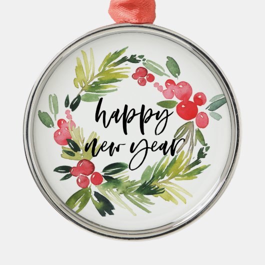 水彩松とホリーリースハッピーニューイヤー メタルオーナメント (正面)