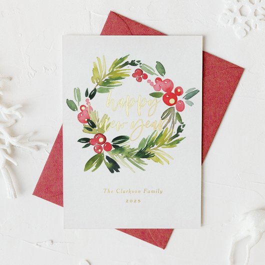 水彩松とホリーリースハッピーニューイヤー 箔シーズンカード