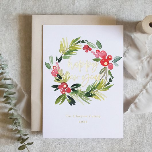水彩松とホリーリースハッピーニューイヤー 箔シーズンカード