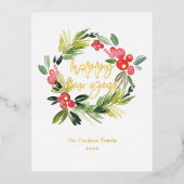 水彩松とホリーリースハッピーニューイヤー 箔シーズンポストカード (正面)