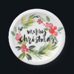 水彩松とホリーリースメリークリスマス ペーパープレート<br><div class="desc">メリークリスマス | これらの休日のフェスティバルプレートを使用して、クリスマスパーティーテーブル設定に紙アクセントを追加する。水彩ホリーと素朴な筆跡の休日のリースを備えている。これらのクリスマス紙プレートは他のアイテムで利用可能である。一致するアイテムが使用可能。</div>