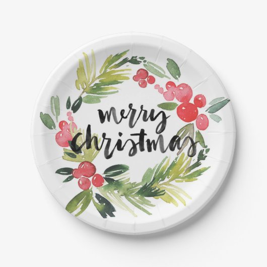 水彩松とホリーリースメリークリスマス ペーパープレート (正面)