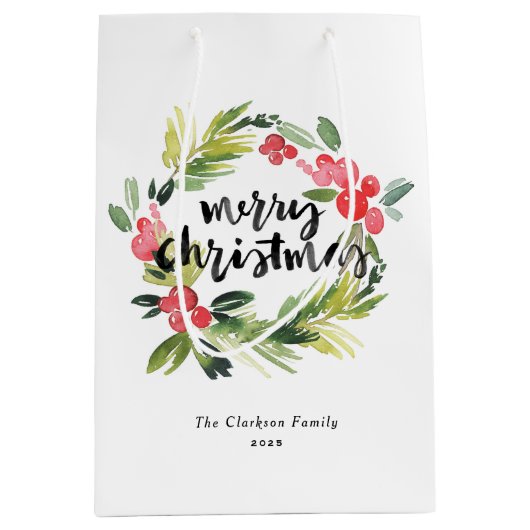 水彩松とホリーリースメリークリスマス ミディアムペーパーバッグ (正面)