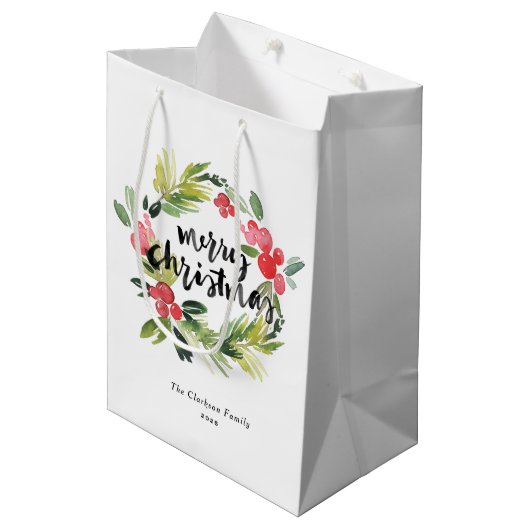 水彩松とホリーリースメリークリスマス ミディアムペーパーバッグ (正面アングル)