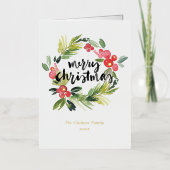 水彩松とホリーリースメリークリスマス 箔シーズンカード (正面)