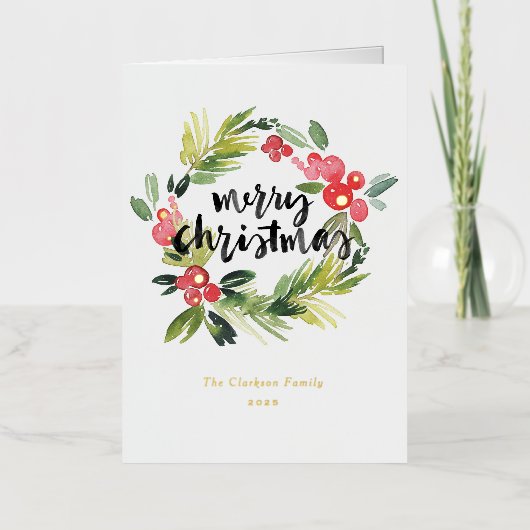 水彩松とホリーリースメリークリスマス 箔シーズンカード (正面)