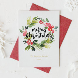 水彩松とホリーリースメリークリスマス 箔シーズンカード