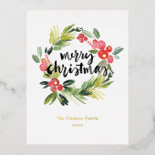 水彩松とホリーリースメリークリスマス 箔シーズンポストカード (正面)