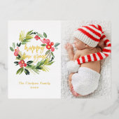 水彩松とホリーリース年賀写真 箔シーズンポストカード (正面)