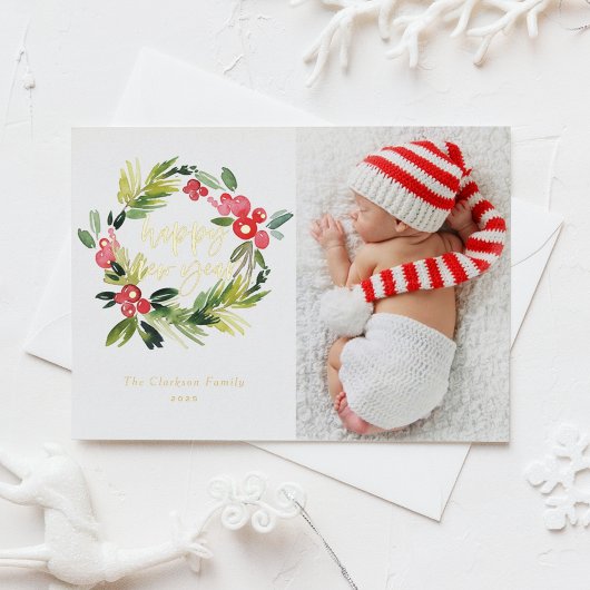 水彩松とホリーリース年賀写真 箔シーズンポストカード