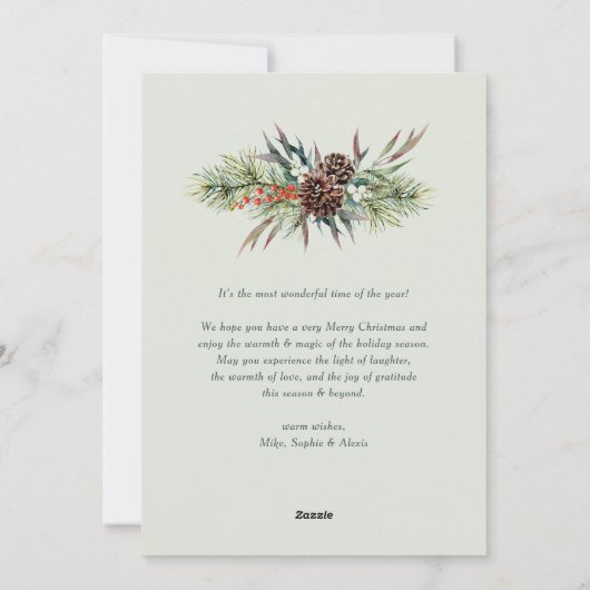 水彩松と松のコーン写真クリスマス シーズンカード (裏面)