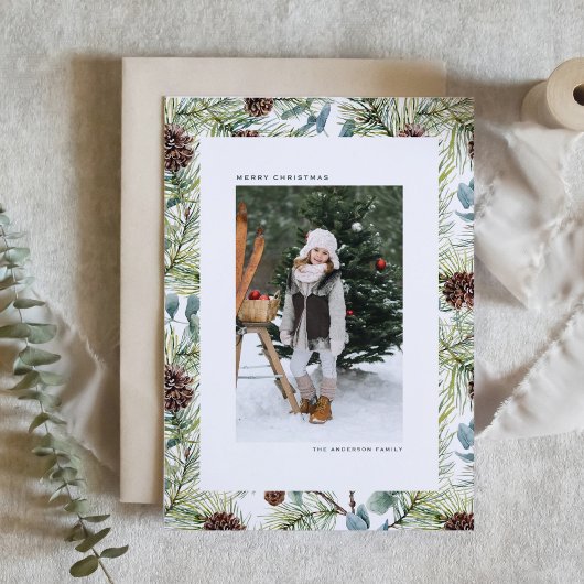 水彩松と松のコーン写真クリスマス シーズンカード