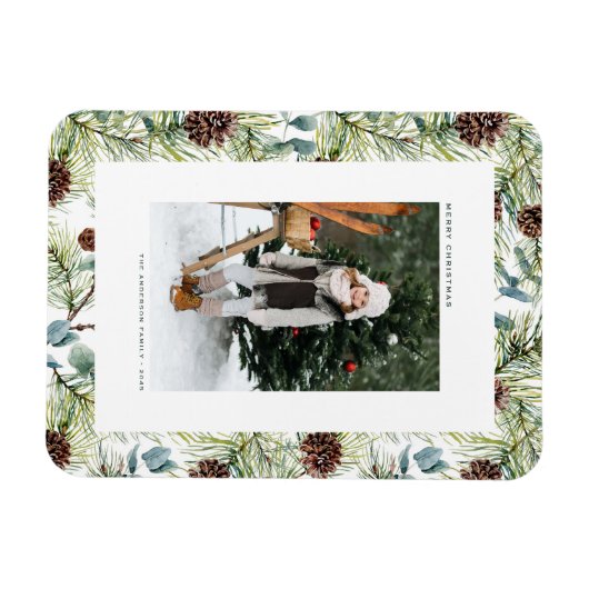 水彩松と松のコーン写真クリスマス マグネット (横)