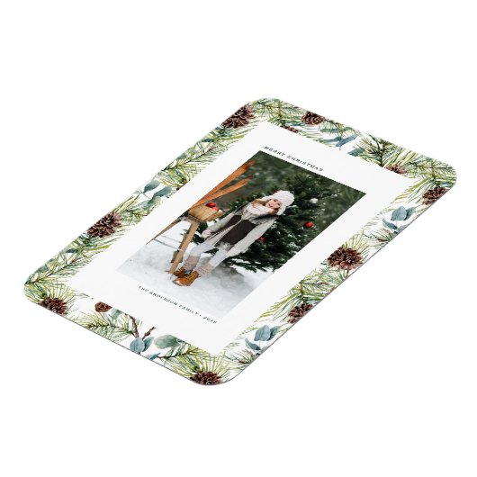 水彩松と松のコーン写真クリスマス マグネット (左側)