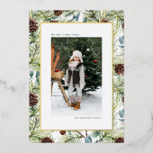 水彩松と松のコーン写真クリスマス 箔シーズンカード (正面)