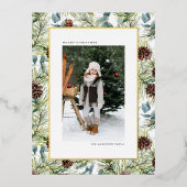 水彩松と松のコーン写真クリスマス 箔シーズンポストカード (正面)