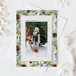 水彩松と松のコーン写真クリスマス 箔シーズンポストカード