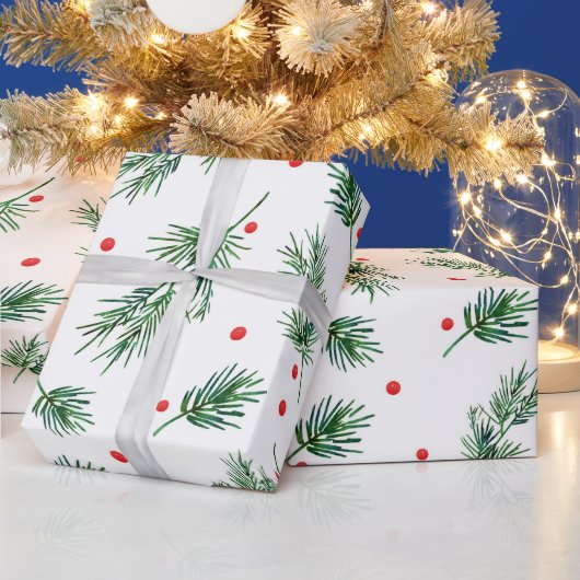 水彩松と果実のパターン ラッピングペーパー (クリスマス)
