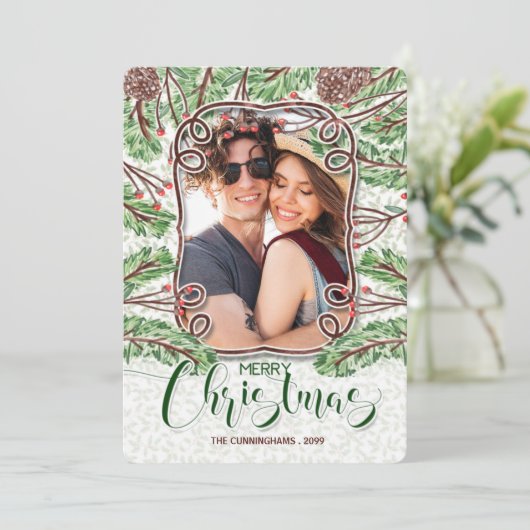 水彩松と枝メリークリスマスフォト シーズンカード (スタンド正面)