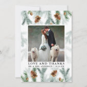 水彩松のコーンが感謝してい結婚写真を愛 サンキューカード (正面)