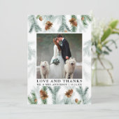 水彩松のコーンが感謝してい結婚写真を愛 サンキューカード (スタンド正面)
