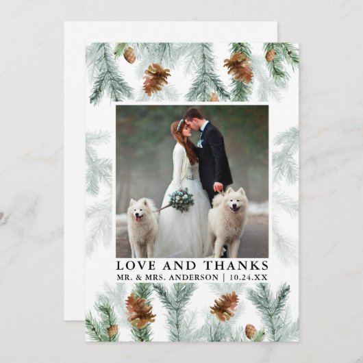 水彩松のコーンが感謝してい結婚写真を愛 サンキューカード (正面/裏面)