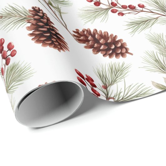 水彩松のコーンと枝と果実 ラッピングペーパー (ロールコーナー)