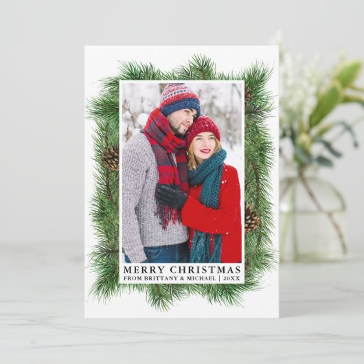 水彩松のフレームのカップル写真 シーズンカード (スタンド正面)