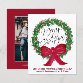 水彩松のリース クリスマス フォトカード お手頃価格