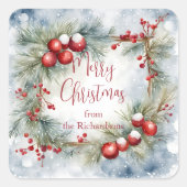 水彩松のリース 赤い実のクリスマス スクエアシール (正面)