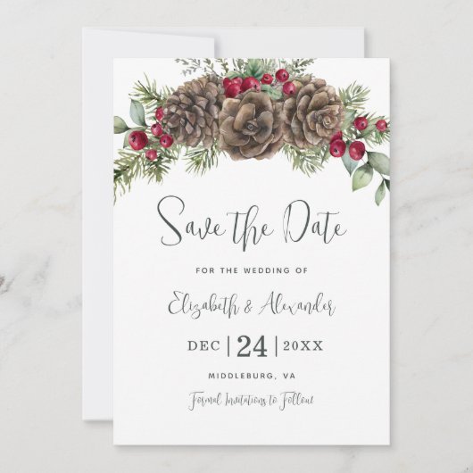 水彩松の冬の果実クリスマス結婚ズ セーブザデート (正面)