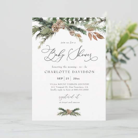 水彩松の冬の緑の赤素朴ちゃんシャワー 招待状 (スタンド正面)