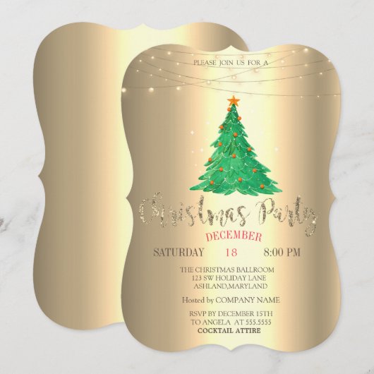 水彩松の木とゴールドのクリスマス パーティー 招待状 (正面/裏面)