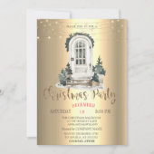 水彩松の木とフロントドアのクリスマス パーティー 招待状 (正面)
