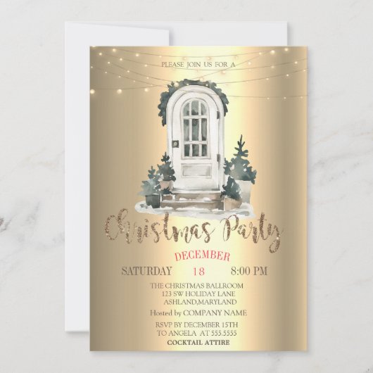 水彩松の木とフロントドアのクリスマス パーティー 招待状 (正面)