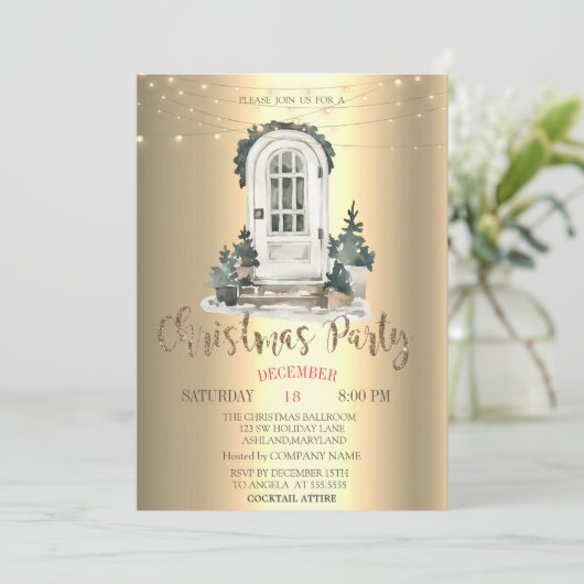 水彩松の木とフロントドアのクリスマス パーティー 招待状 (スタンド正面)