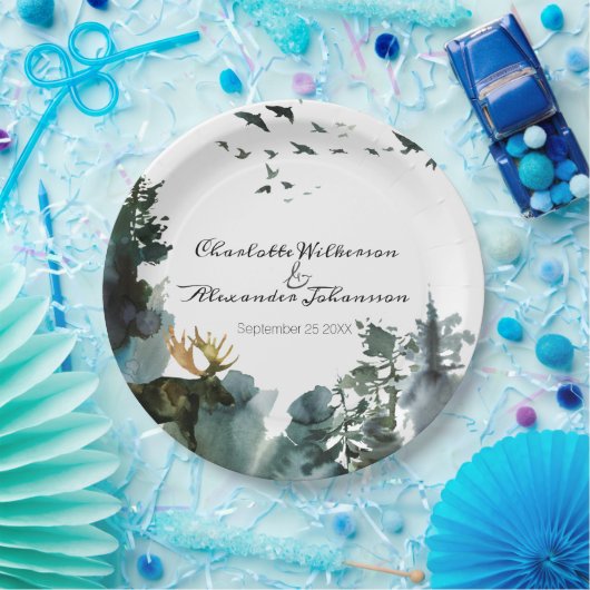 水彩松の木とムース太平洋北西部 ペーパープレート (パーティー)