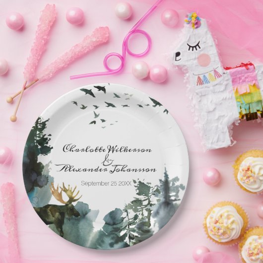 水彩松の木とムース太平洋北西部 ペーパープレート (パーティー)