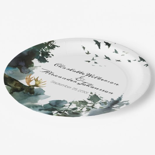 水彩松の木とムース太平洋北西部 ペーパープレート (アングル)