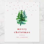 水彩松の木と赤いメリークリスマス ワインラベル (シングルラベル)