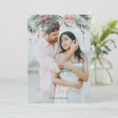 水彩松の木のカップル写真ラウンド シーズンカード (スタンド正面)