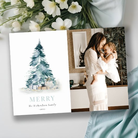 水彩松の木のクリスマスツリーのプレゼント写真 シーズンカード