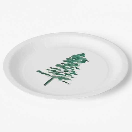 水彩松の木のクリモダンスマス ペーパープレート (アングル)