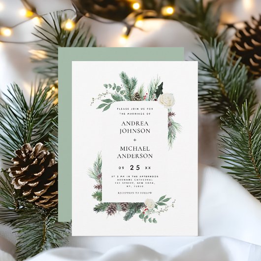 水彩松の木のフレーム冬素朴の結婚式 招待状
