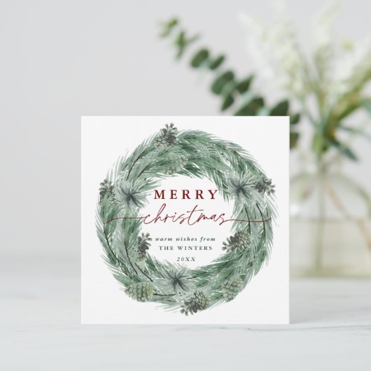 水彩松の木のリースグリーン&レッドクリスマス シーズンカード (スタンド正面)