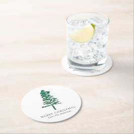 水彩松の木の写真クリスマスモダン ラウンドペーパーコースター