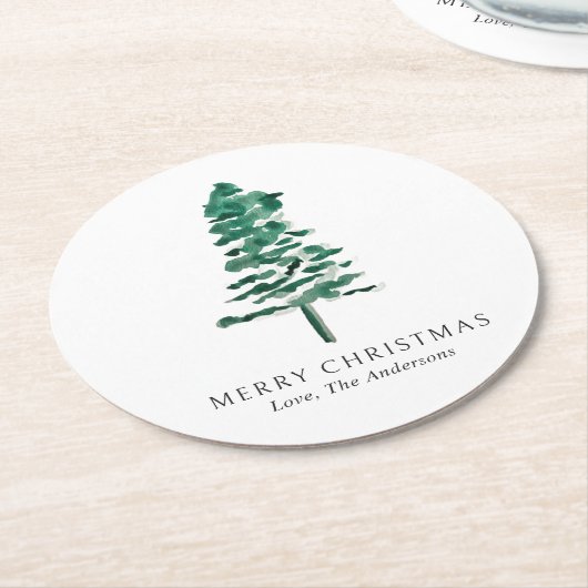 水彩松の木の写真クリスマスモダン ラウンドペーパーコースター (アングル)