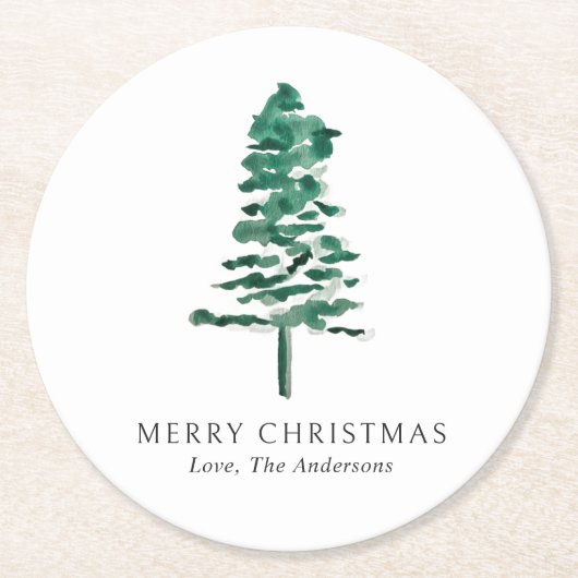 水彩松の木の写真クリスマスモダン ラウンドペーパーコースター (正面)