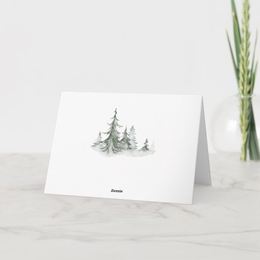 水彩松の木の冬の結婚式 サンキューカード (裏面)