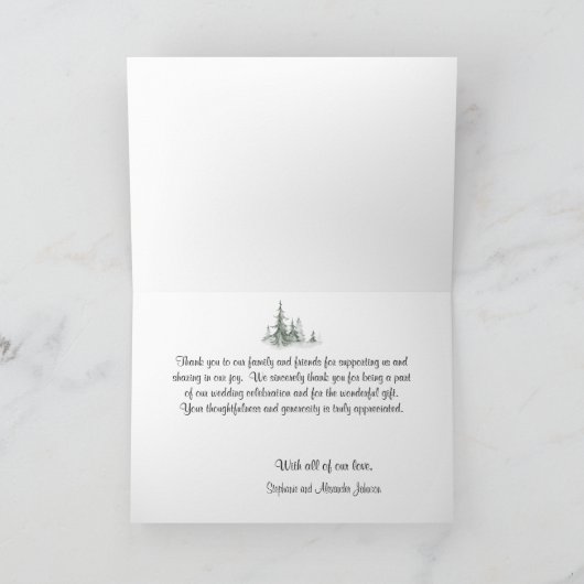 水彩松の木の冬の結婚式 サンキューカード (内部)